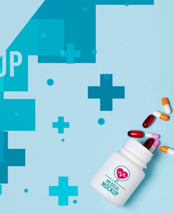 "Medical pills spilling from prescription bottle on blue healthcare background with medical cross symbols"