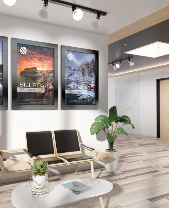 "Modern medical office waiting room with three landscape photography billboards, contemporary seating, and minimalist decor"
